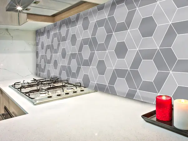 Autocolant faianta bucatarie hexagon gri simulare 1