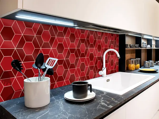Autocolant faianta bucatarie hexagon rosu simulare 2