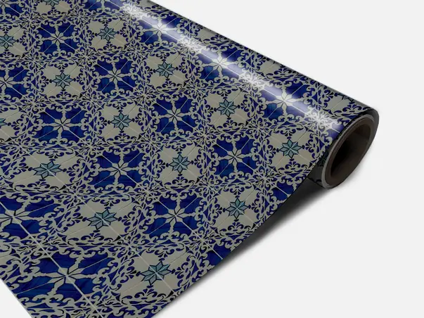 Autocolant podea model floral albastru gri metru 0