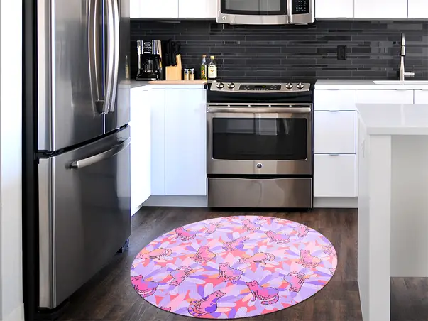 Covor antiderapant pentru animale de companie model pisici violet linoleum antiderapant rotund 2