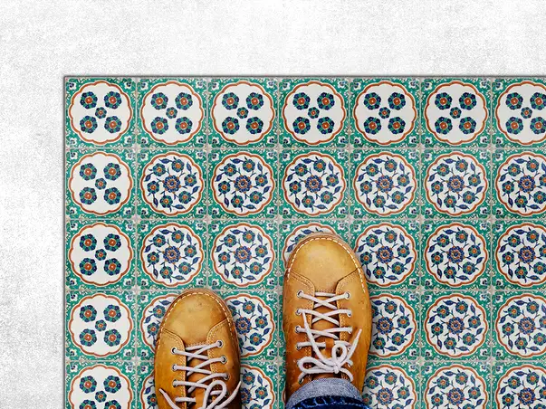 Covor din vinil model floral verde albastru cercuri 1