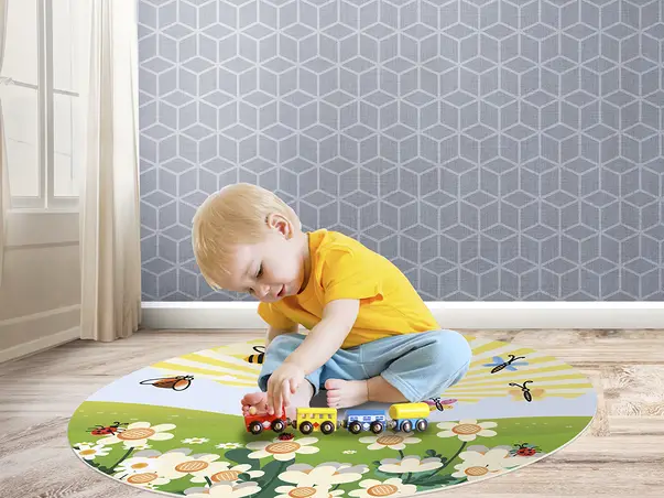 Covor din vinil pentru copii camp cu flori o1