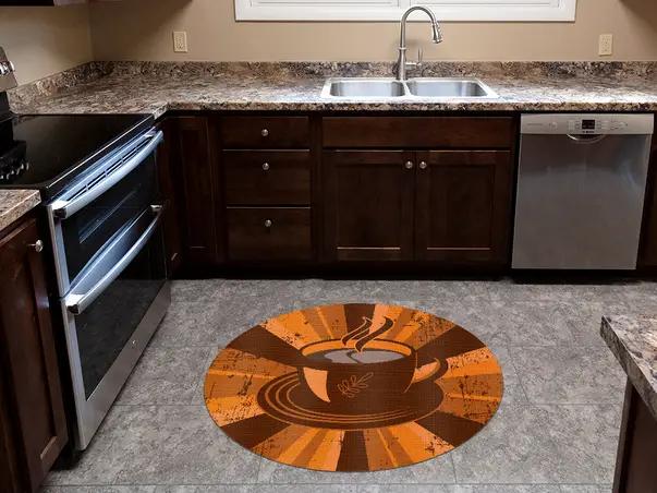 Covor din vinil rotund model ceasca cafea oranj 1