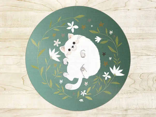 Covor vinil rotund verde pisica k1