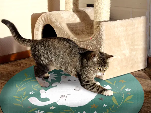 Covor vinil rotund verde pisica k2