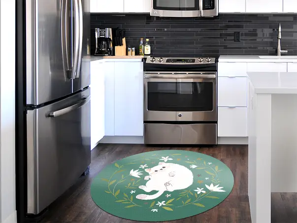 Covor vinil rotund verde pisica k3