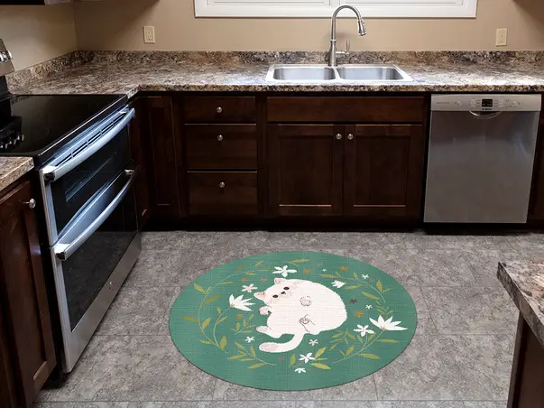 Covor vinil rotund verde pisica k4