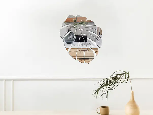Decoratiune de perete frunza tropicala oglinda acrilica argintie simulare 2