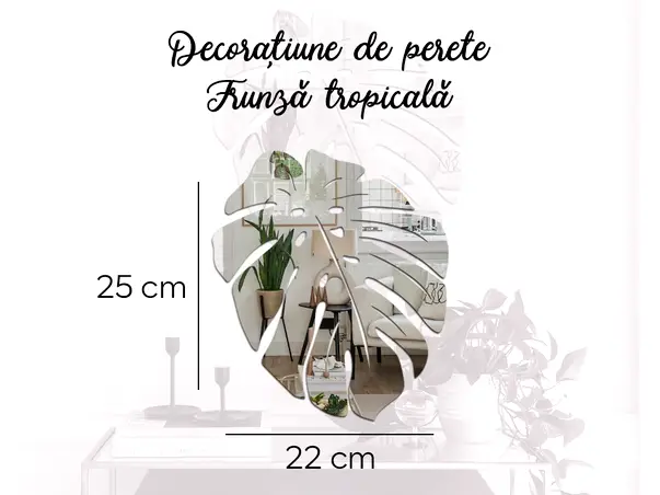 Decoratiune de perete frunza tropicala oglinda acrilica argintie simulare 4
