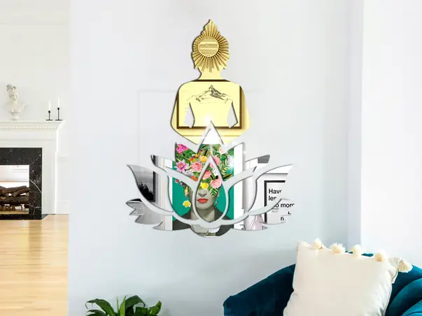 Oglinda acrilica buddha si nufar argintie si aurie simulare 1