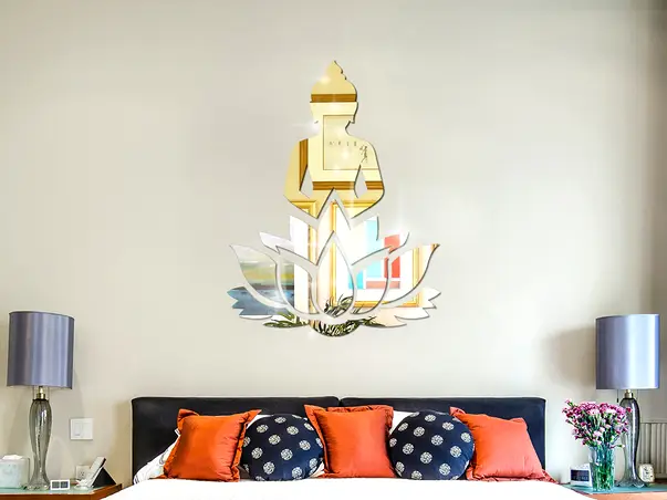 Oglinda acrilica buddha si nufar argintie si aurie simulare 2