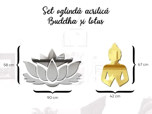 Oglinda acrilica buddha si nufar argintie si aurie simulare dimensiuni