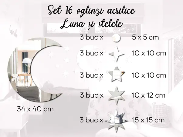 Set 16 piese oglinda acrilica luna si stelele argintiu simulare detalii