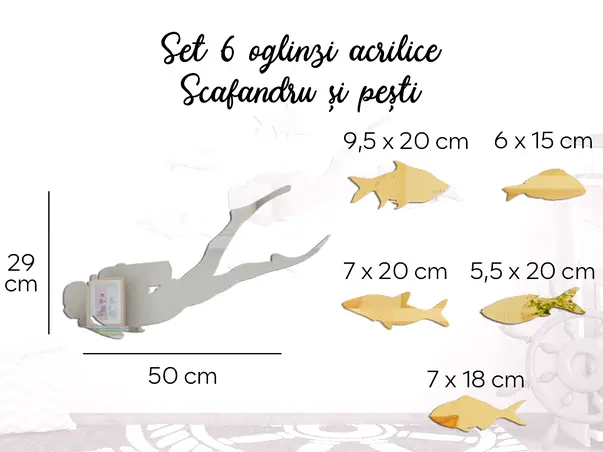 Set 6 oglinda acrilica aurie argintie scafandru si pesti simulare detalii
