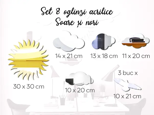 Set 8 oglinda acrilica aurie argintie soare si nori simulare dimensiuni