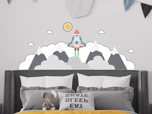 Sticker perete pentru copii model racheta nori 1