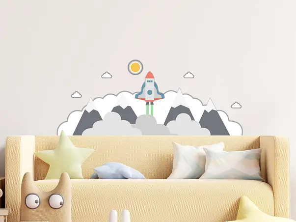 Sticker perete pentru copii model racheta nori 2