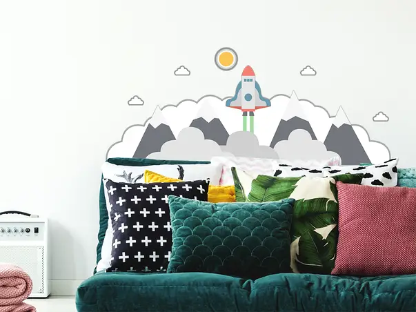 Sticker perete pentru copii model racheta nori 3