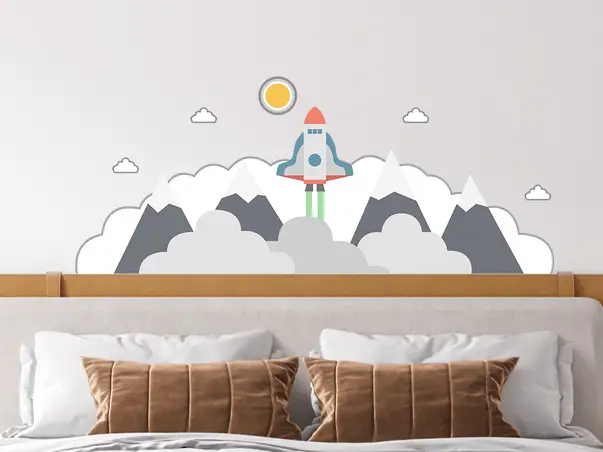 Sticker perete pentru copii model racheta nori 4