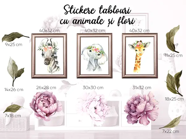Sticker tablouri animale cu flori simulare