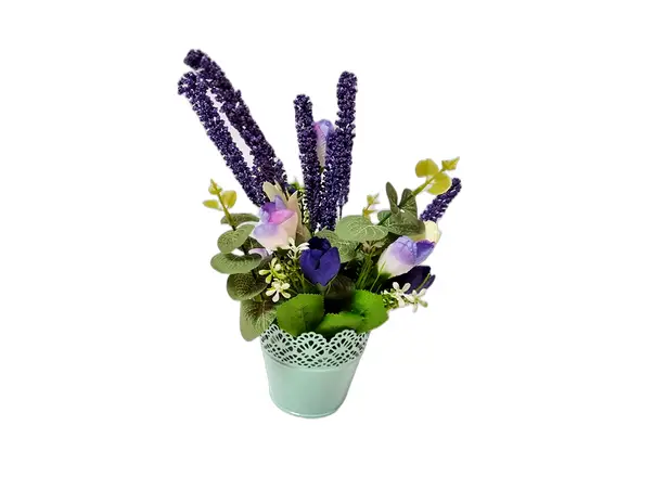 aranjament flori artificiale mov in vas turcoaz