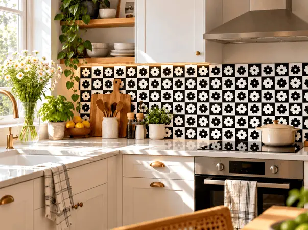autocolant contrablat bucatarie retro floral alb negru