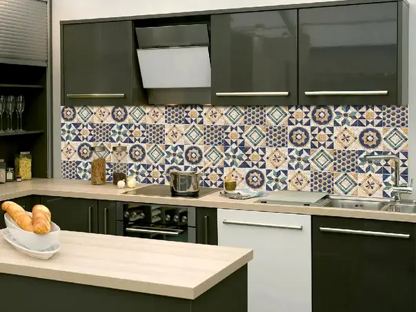 autocolant faianta bucatarie bej albastru