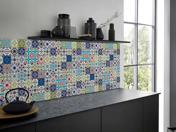 autocolant faianta decorativa patchwork blue folina autoadeziv model mozaic arabesc multicolor 67x200cm s2
