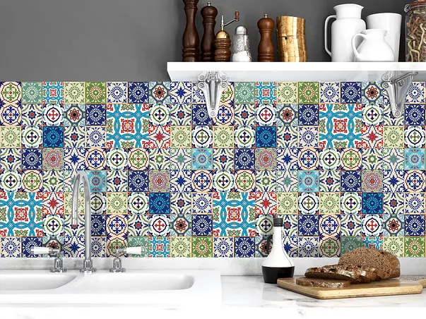autocolant faianta decorativa patchwork blue folina autoadeziv model mozaic arabesc multicolor 67x200cm s4