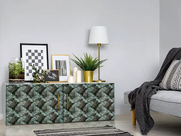 autocolant mobila cu model frunze vernil si gri