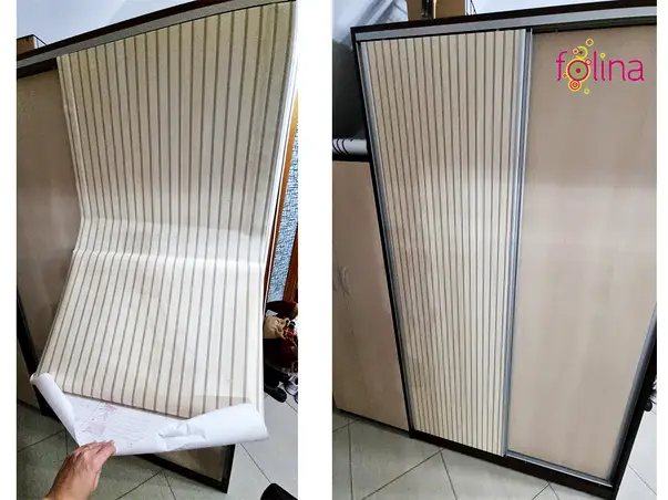 autocolant mobila lemn bej cu dungi tip riflaje