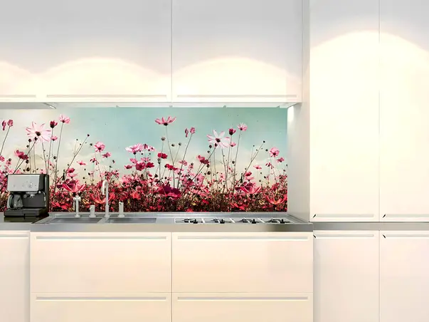 autocolant perete contrablat bucatarie peisaj cu flori de camp