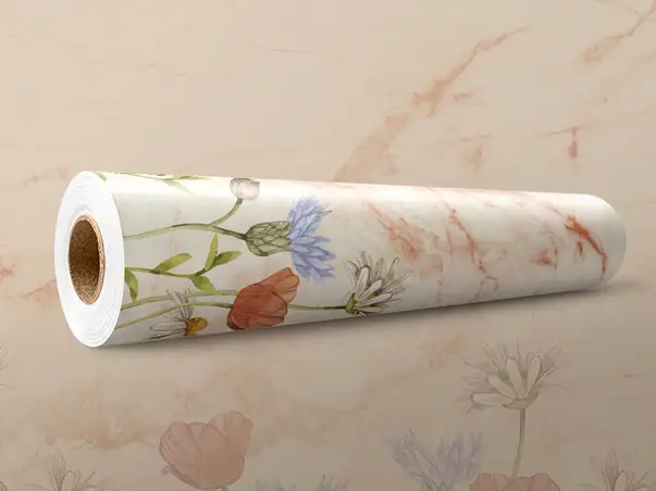 autocolant perete folina marmura bej cu detalii florale colorate amf108 s05