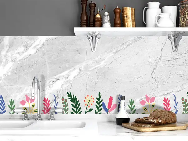 autocolant perete folina marmura gri cu detalii florale amf107 rola s03