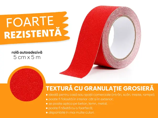 banda antialunecare autoadeziva cu granulatie grosiera culoare rosie scari podele s1