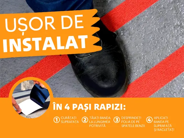banda antialunecare autoadeziva cu granulatie grosiera culoare rosie scari podele s2