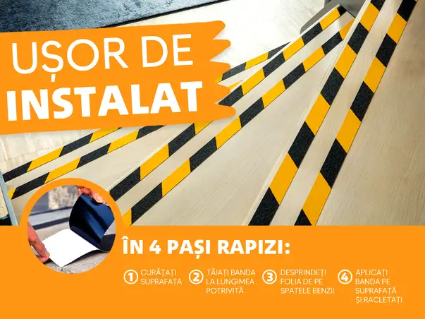 banda antialunecare autoadeziva cu granulatie grosiera dungi galben negru scari podele s2