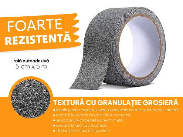 banda antialunecare autoadeziva cu granulatie grosiera gri scari podele s1