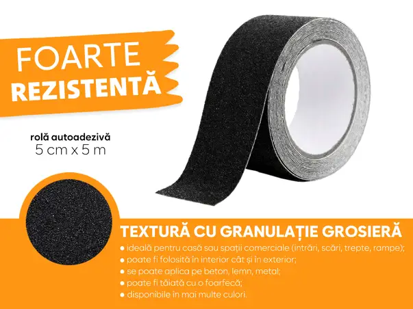 banda antialunecare autoadeziva cu granulatie grosiera negru scari podele s1