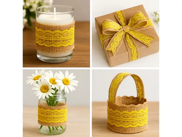 banda iuta natur cu dantela galbena