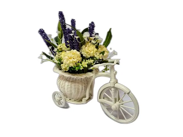 bicicleta decorativa alba cu garofite crem si plante mov