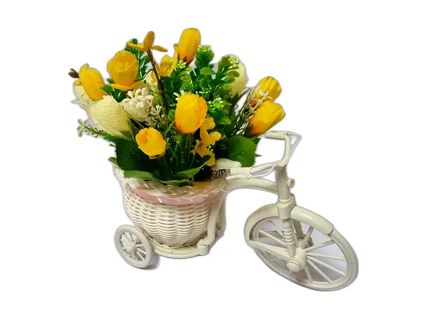 bicicleta decorativa cu flori artificiale galbene