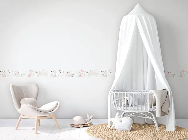 bordura tapet camera fetita alba cu iepurasi roz