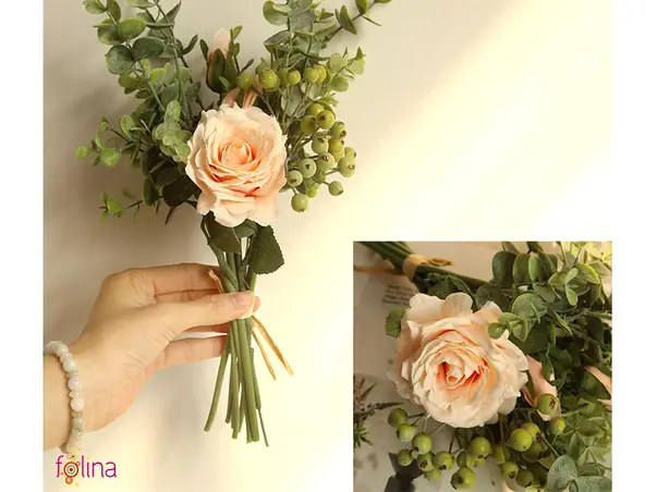 buchet trandafiri artificiali champagne si eucalipt