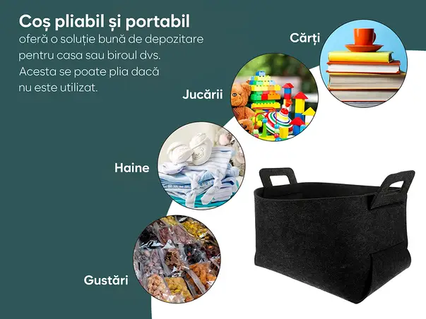 cos de depozitare si organizare din pasla neagra doua manere folina pliabil s08