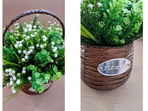 cos decorativ din ratan cu plante artificiale