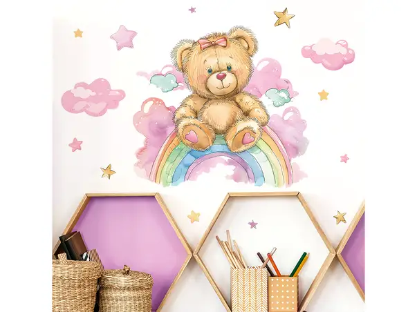 decor camera bebe sticker cu ursulet nori roz si curcubeu