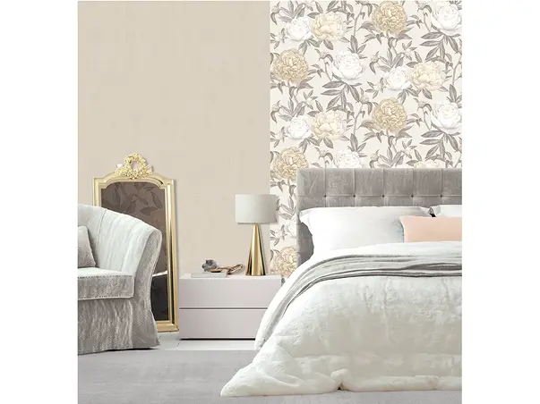 decor dormitor cu tapet floral gri