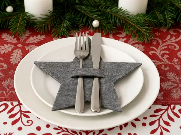 decor masa craciun cu suport tacamuri din pasla stea gri
