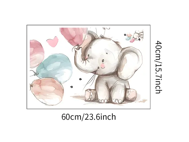 decor perete camera bebe micul elefant cu baloane in culori pastel